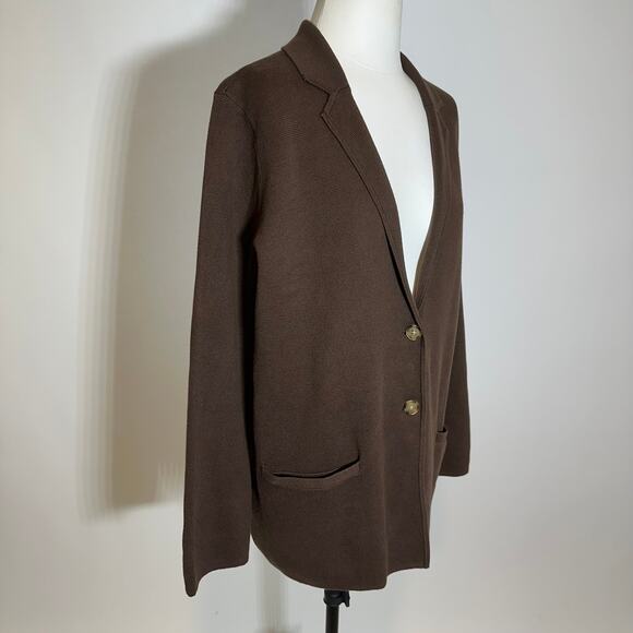 Lands End Brown Cotton Knit Button Front Blazer Sweater Cardigan Womens Medium M - Picture 2 of 11